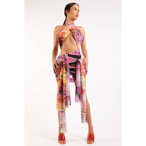 Women's Tie Front Halter Fashion Dress Multi-Color Polyester/Spandex - Picture 5 of 11